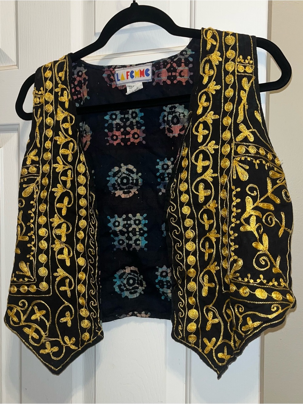 Vintage La Femme Black Vest with Gold Embroidery for music festivals and raves